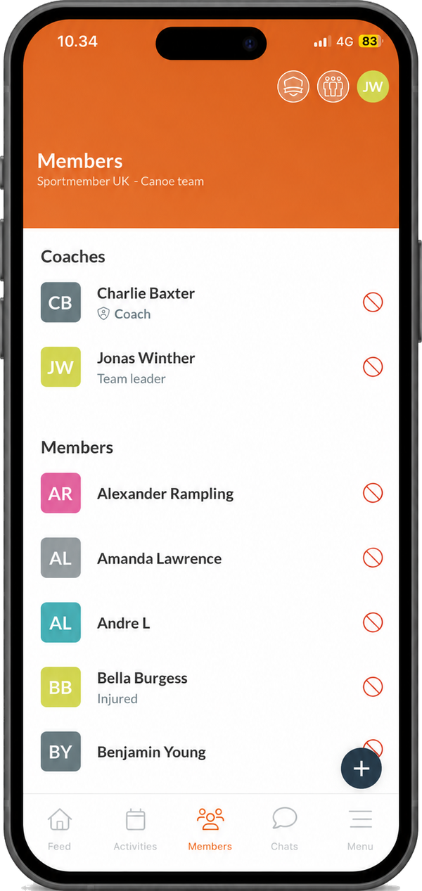 SportMember app: team members list with coaches and players