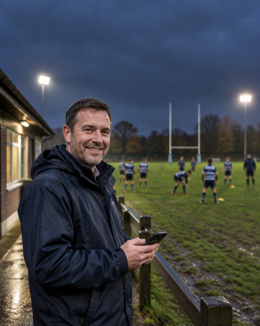 Volunteer at a rugby club checking the SportMember app
